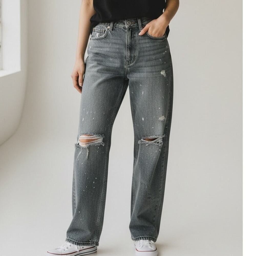 ZARA Straight Leg High Waisted Distressed Jeans Raw Hem 2 Rinsed Black #3900